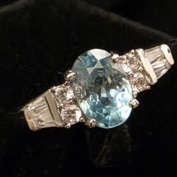 Cambodian Blue Zircon, White Zircon Ring, Size 7