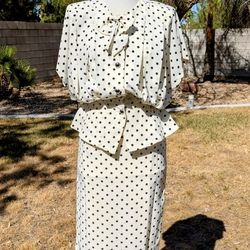 1980's Vintage Original Fashion Sz 7 Retro Polka Dot 2-Pc Blouse & Skirt Set GUC