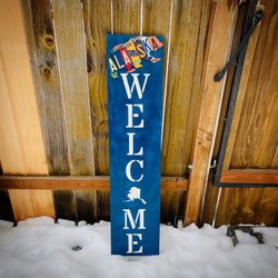 Welcome Porch Sign With bear Alaska License Plate