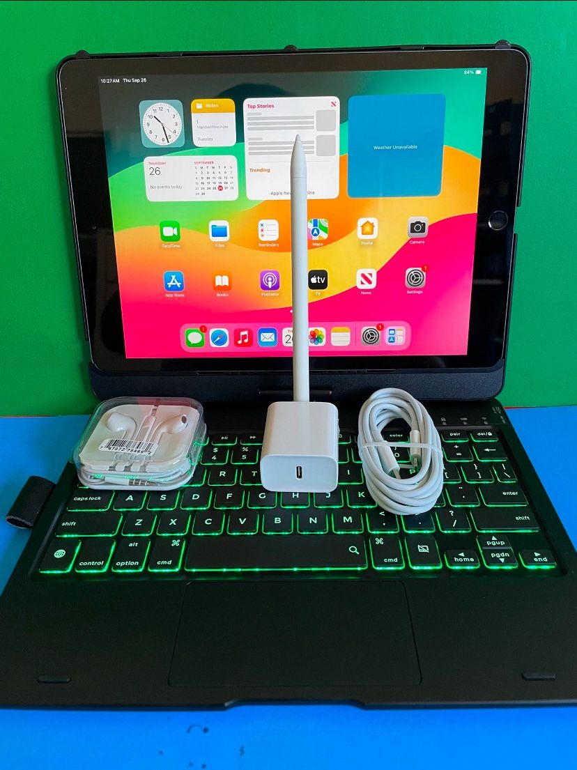 Apple IPad 9th Generation (10.2” Retina /Touch ID /IOS 18/ 2021 Model) 64GB with Pen, Keyboard  & Accessories 