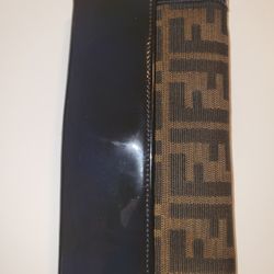 Fendi Italy FF Zucca Beige Brown Canvas Blue patent Leather Large Clutch Wallet