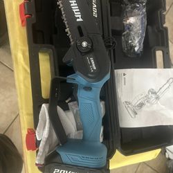New 6 inch lithium chainsaw air comes with two batteries, safety glasses, and safety gloves