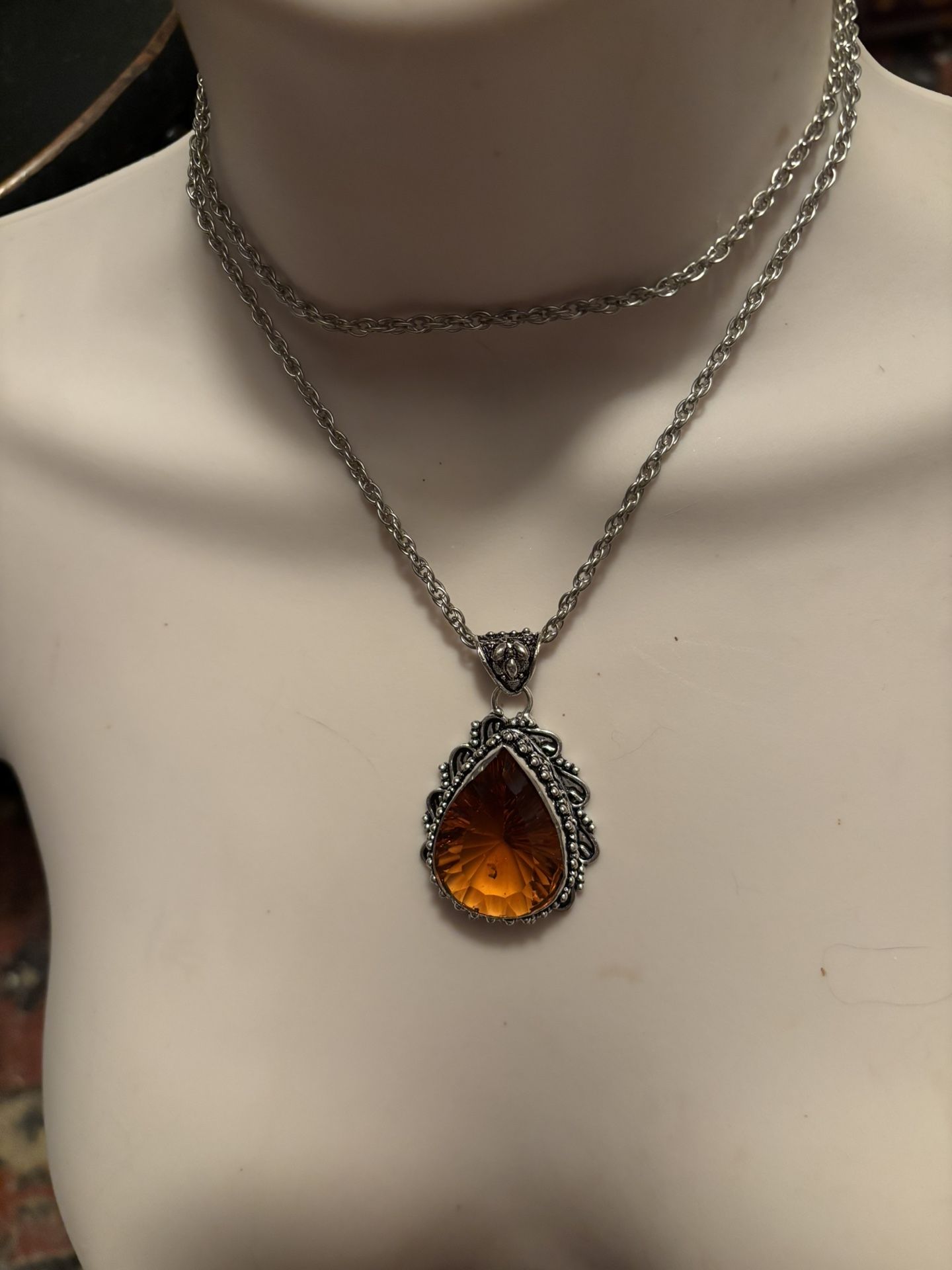 Big SS Amber Topaz Antique Design Pendant On Chain