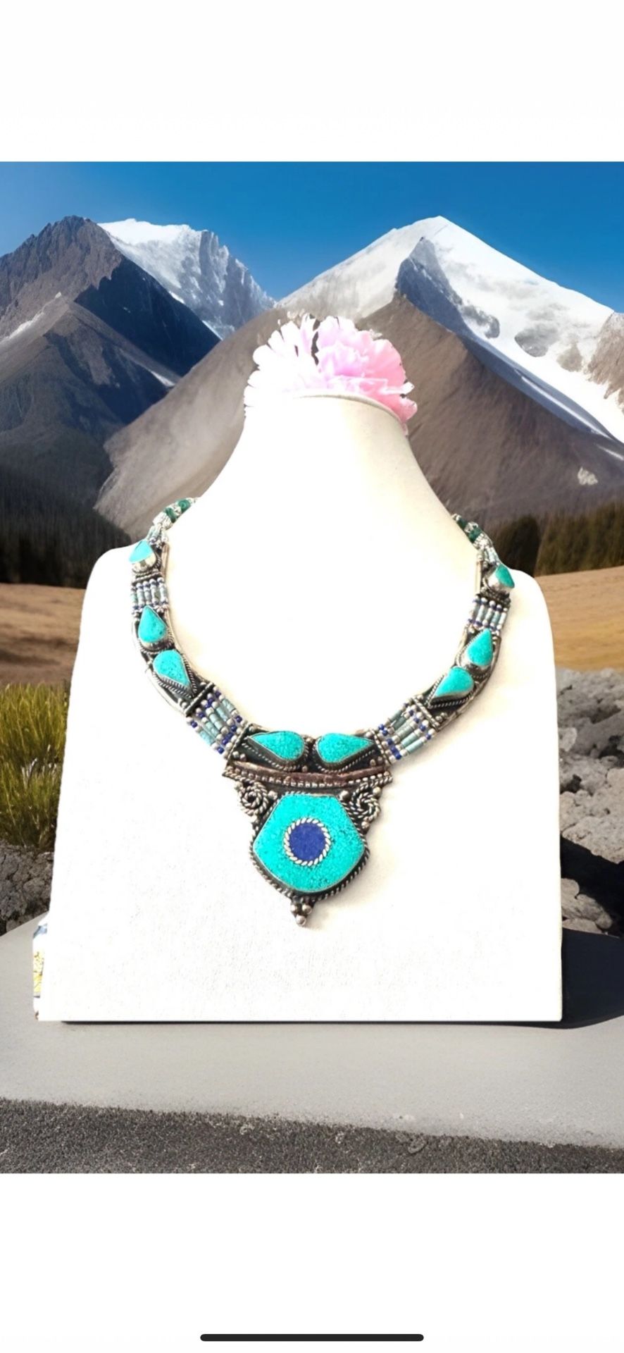 vintage indo/tibet ethnic style handcrafted Pendant necklace with tibetan silver 19”inch long & 127grams