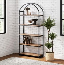Nathan James Haven Etagere Bookshelf, 5-Shelf Bookcase in Oak Wood and Black Metal Frame with Arch Top and Open Shelves, Oak/Black