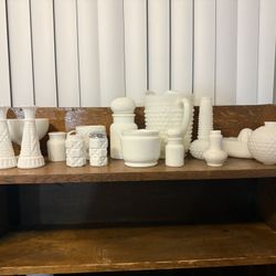 Antique Milk Glass Collection, Vases, Pitcher, Juicer, Salt & Pepper & More