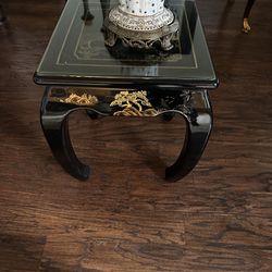 Black Lacquer Oriental Banana Leg Side Table W/ Glass Top And Two Black Lacquer Chairs