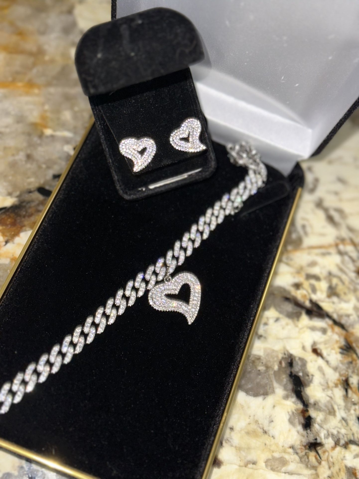 18k Gold Plated Cuban Link Heart Set (highest Quality Simulated Diamonds) 