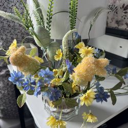 Easter, spring glass vase with decor and hanging bunny, all for $10!