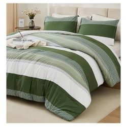 Litanika Olive Green Comforter Set Twin/Twin XL - 2 Pieces Lightweight Olive Green White Colorblock Stripe Fluffy Bedding Comforter Sets, All Season B