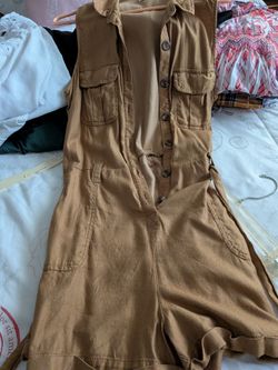 Tan Sleeveless Button-Front Short Romper
