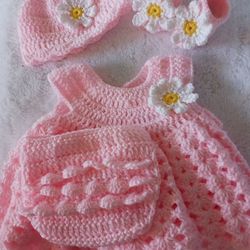 Crochet Baby Girl Pink Daisies Heirloom Dress Set Photo Prop Shipping Available