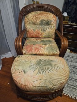 Large Rattan & Wicker Arm Chair w/ Ottoman