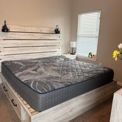 King Size Bed frame With Storage Drawers And Cubby And 2 Bedside Table. 