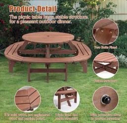 NEW 70.40 in. Brown Round Wood Picnic Table Combo for 10-12 Outdoor Gatherings with Built-in Stool & 500-lb Capacity