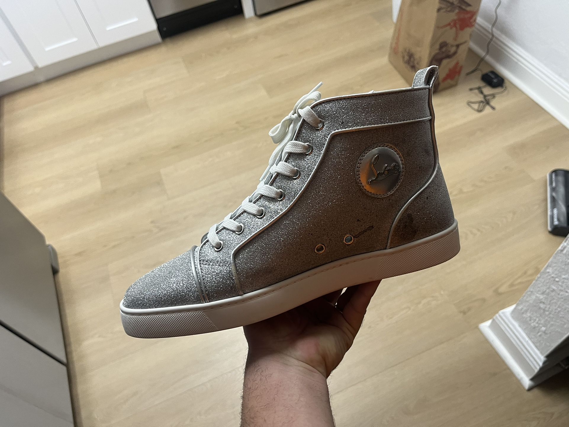 NIB LOUBOUTIN BIP BIP SILVER ORLATO FLAT LUREX LEATHER HI TOP SNEAKERS