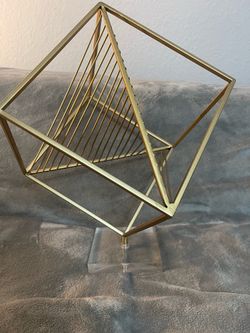 Gold Metal Geometric Cube Sculpture on Acrylic Base