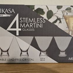 Mikasa 4 Stemless Martini Glasses Crystal - New in box