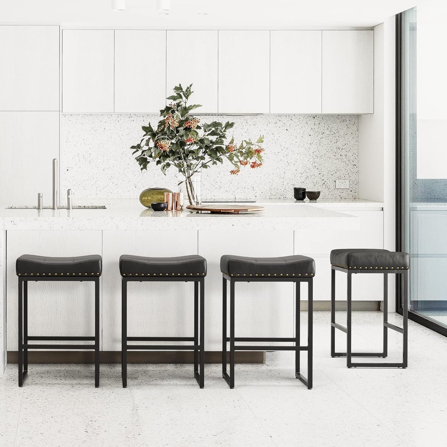 24" Square Saddle Bar stools Set of 3, Modern Backless Faux Leather Counter Stools for Kitchen Island Counter, Home Bar, Black