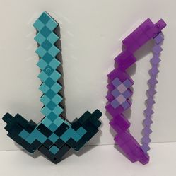 MINECRAFT LOT Transforming Sword Pickaxe 20.25” & 17” Bow (No Arrow) Roleplay