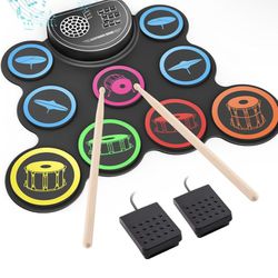 Electronic Drum Set, 9-Drum Practice Pad with Headphone Jack, Roll-up Drum Kit Machine with Built-in Speaker Drum Pedals and Sticks 