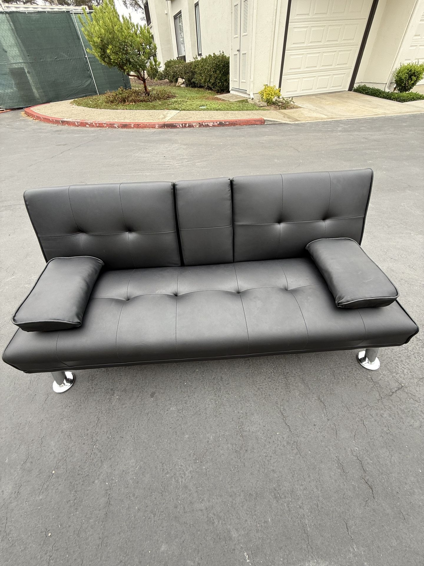 Convertible Folding Futon & Sofa Bed. Leather w/ Cup Holders Armrests