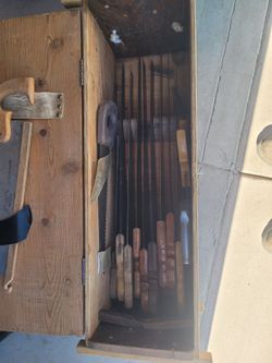 Old hand saw and box 32"Lx12"Hx 9"1/2W