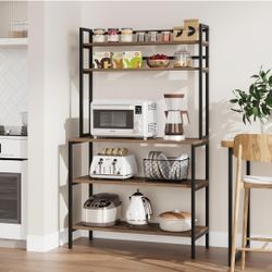 5-Tier Bakers Rack with Hutch, Industrial Microwave Oven Stand, Kitchen Storage Shelves, Coffee Bar Station Freestanding Organizer with Shelves Brown
