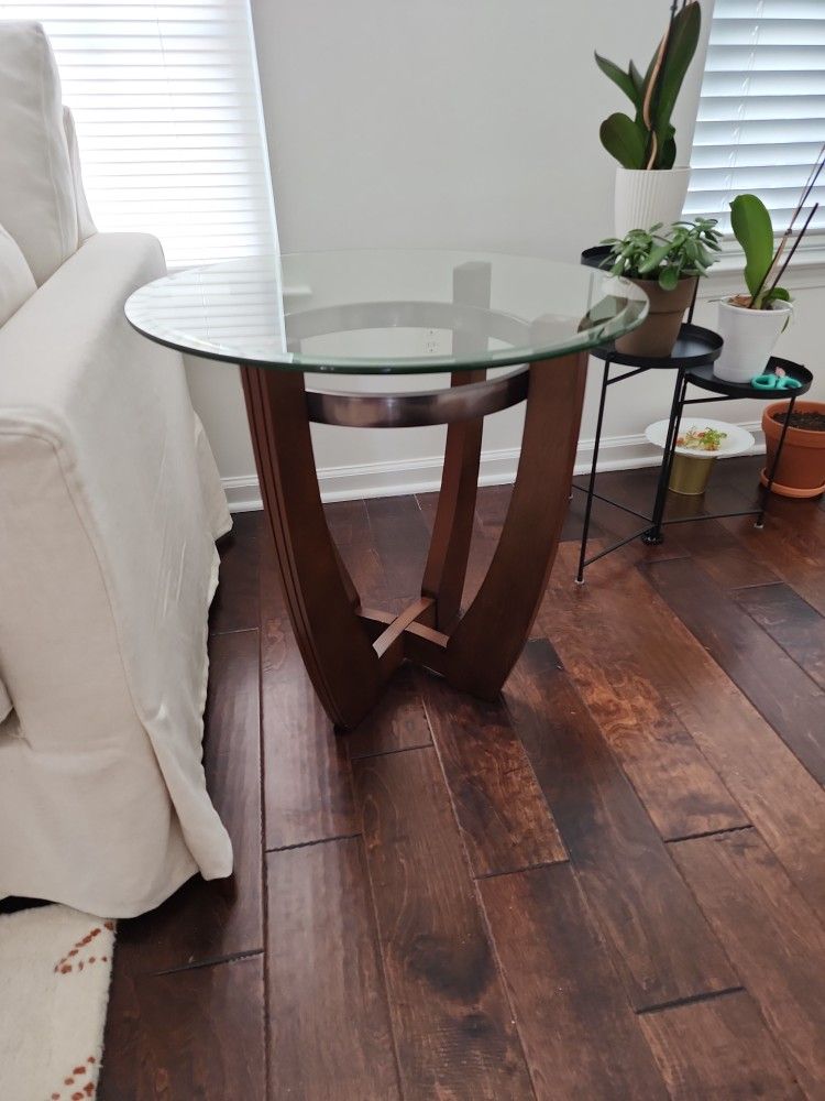 Thick Tempered Glass Top Wood Leg Side Table