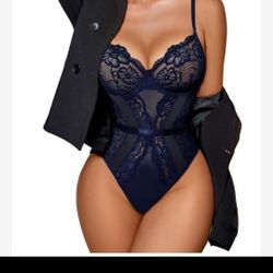 Navy Lace Teddy Bodysuit-Snap Bottom- Valentines Day Ready-size MEDIUM