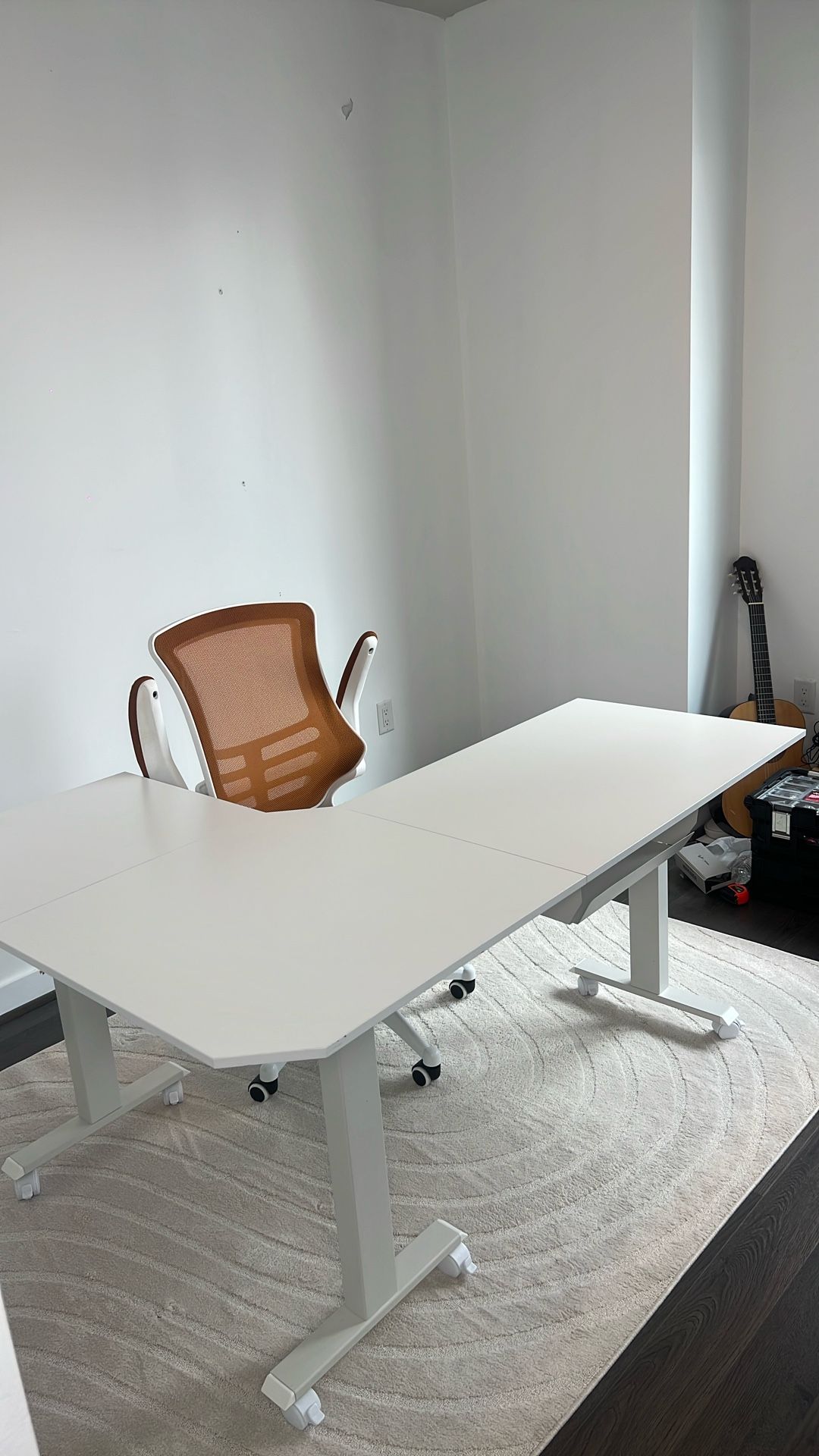 Stand Up Desk & Lux Chair & Beige Rug