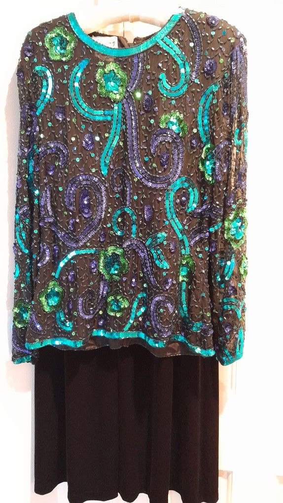 Black. Sequined Top/Long Black Velvet Skirt