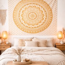 Gold And White Mandala Tapestry