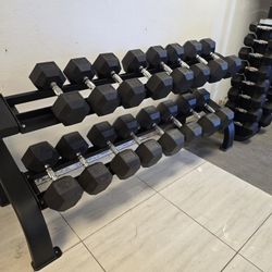 5lbs - 75lbs Rubber Hex Dumbbells With A Tier 2 Commercial Grade Dumbbell Rack 