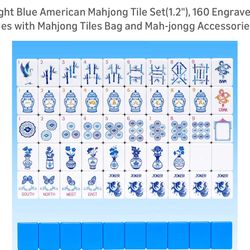 Light Blue American Mahjong Tile Set(1.2"), 160 Engraved Tiles with Mahjong Tiles Bag and Mah-jongg Accessories