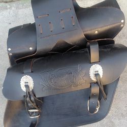 Vintage Black Leather Universal Motorcycle Saddlebags Concho Eagle Made In USA