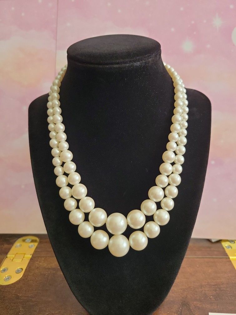 Double Strand Faux Pearl Wired Necklace Goldtone Filigree Clasp 17" Vintage F8