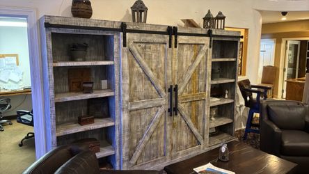 Rolling Door Entertainment Center / Solid Reclaimed Wood / Driftwood Finish , Iron Hardware 125” Wide x 80” Tall x 16” Deep