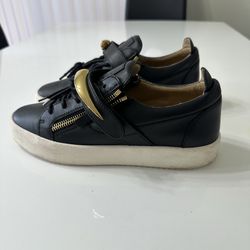 Giuseppe Zanotti Black Gold Leather Lace Up Zipper Men's Sneakers Size 10.5
