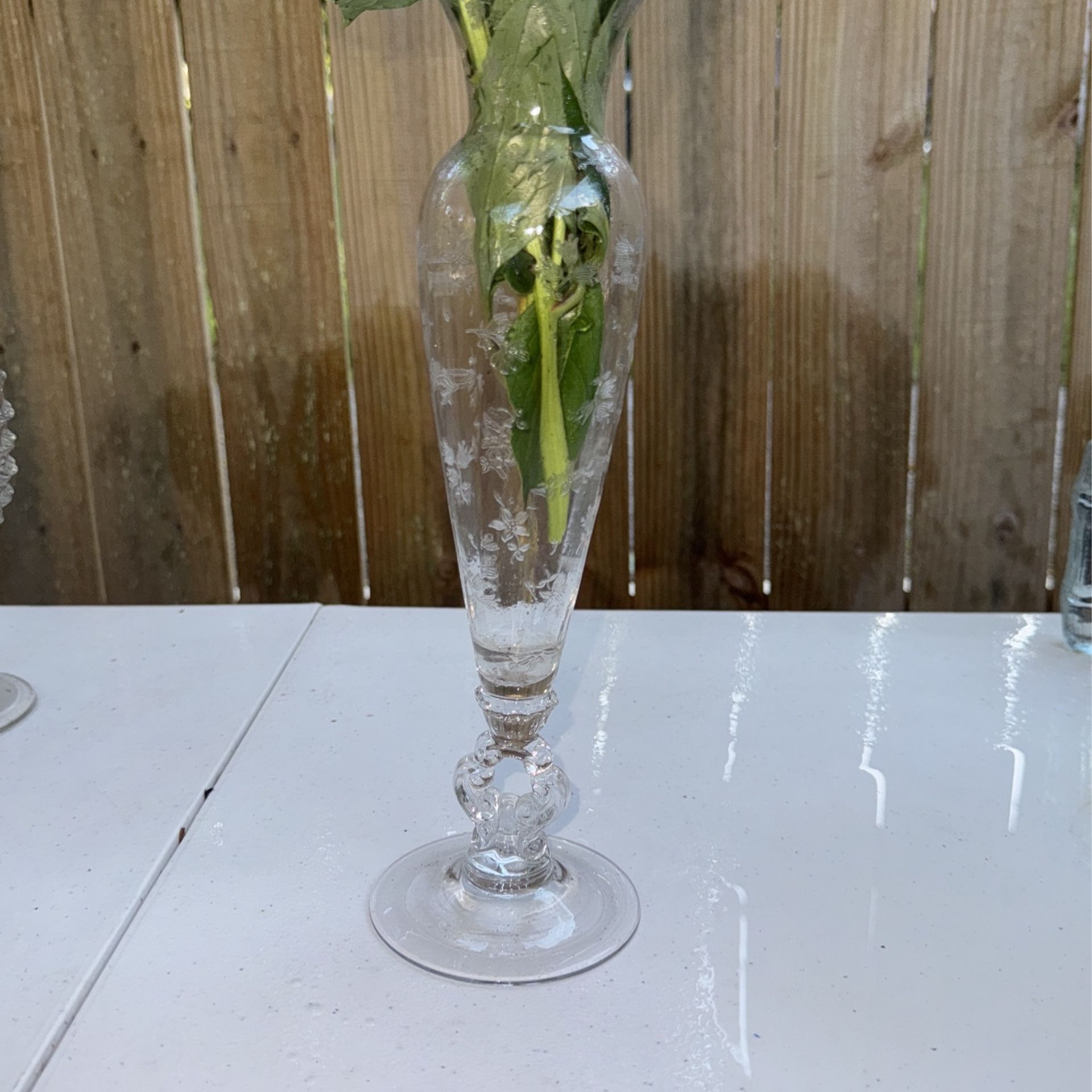 Antique Libbey Wheel Cut Floral Tall Glass Vase 