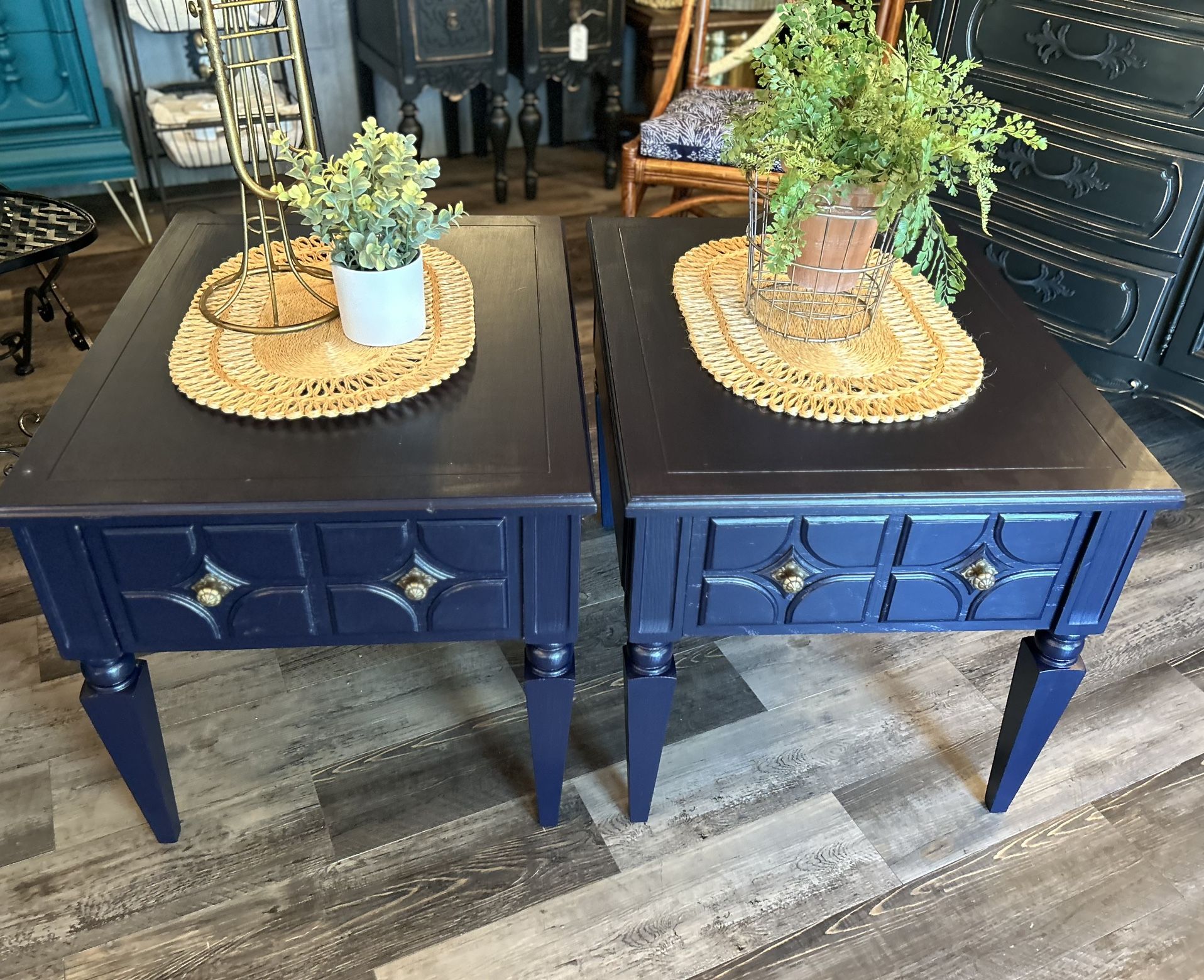 Vintage Mid Century Mersman Midnight Blue Matched End Tables 