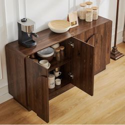 Sideboard Buffet Cabinet with Storage, Farmhouse Curved Design Accent Cabinet with 4 Doors & Adjustable Shelves, Modern Coffee Bar Credenza for Living