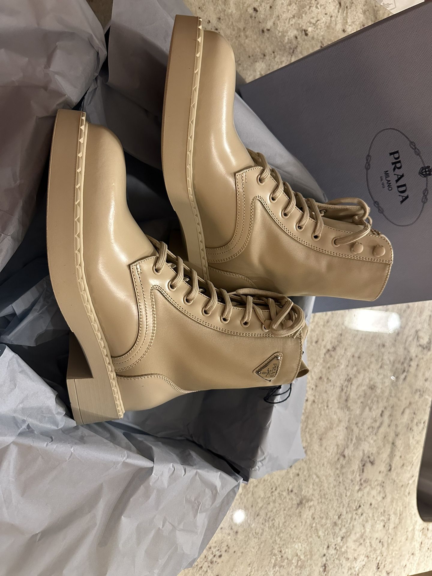 Prada Brushed-leather and Re-Nylon boots, size 39 beige