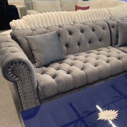 Grey Velvet Sectional Sofa With Chaise & Luxurious Deep Button Tufting