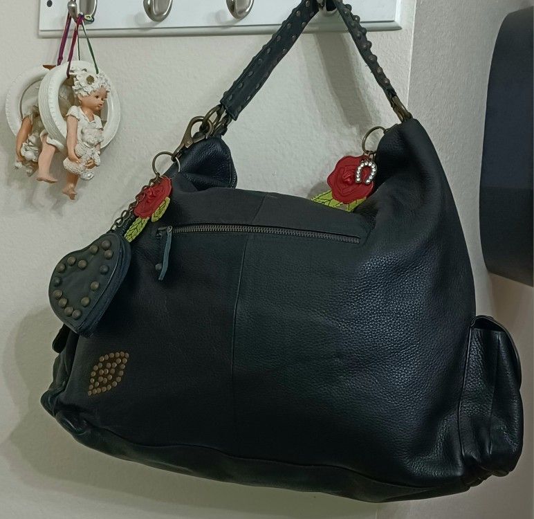 Vintage NEW Rare Betsey Johnson Leather Handbag Heavy Studded Boho Tote
