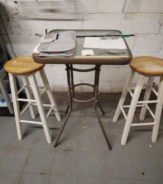 Glass Table Aluminum Frame Two Wooden Stools