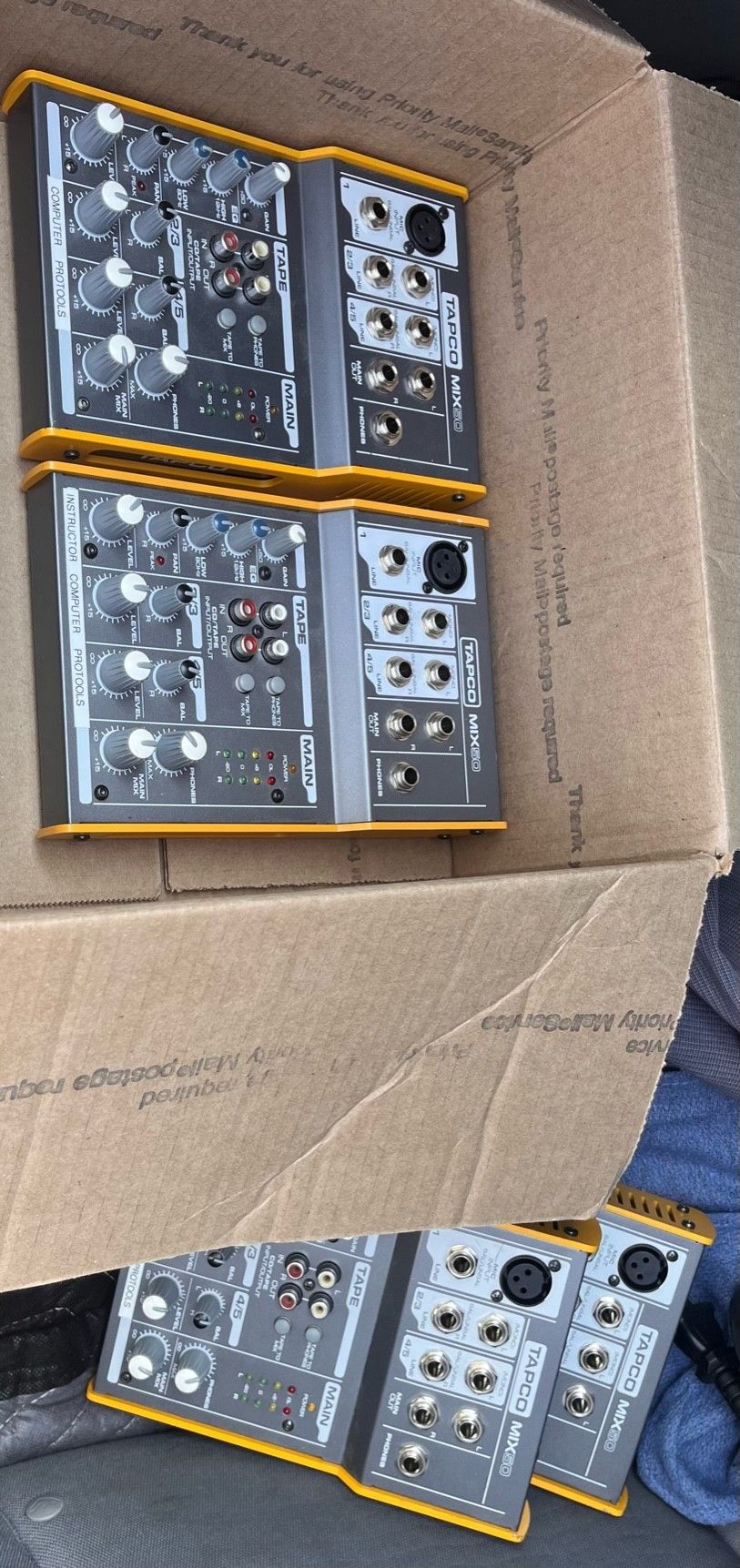 Tapco mix50 designed by Mackie
5 channels
Works very well
Comes with power supply
Good for small studio, one man band , DJ, desktop recordin