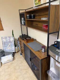 Industrial coffee bar cabinet with hutch