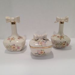 Vintage Japan Ceramic Trinket Box & 2 Perfume Bottles ~ Flowers, Floral, Bows