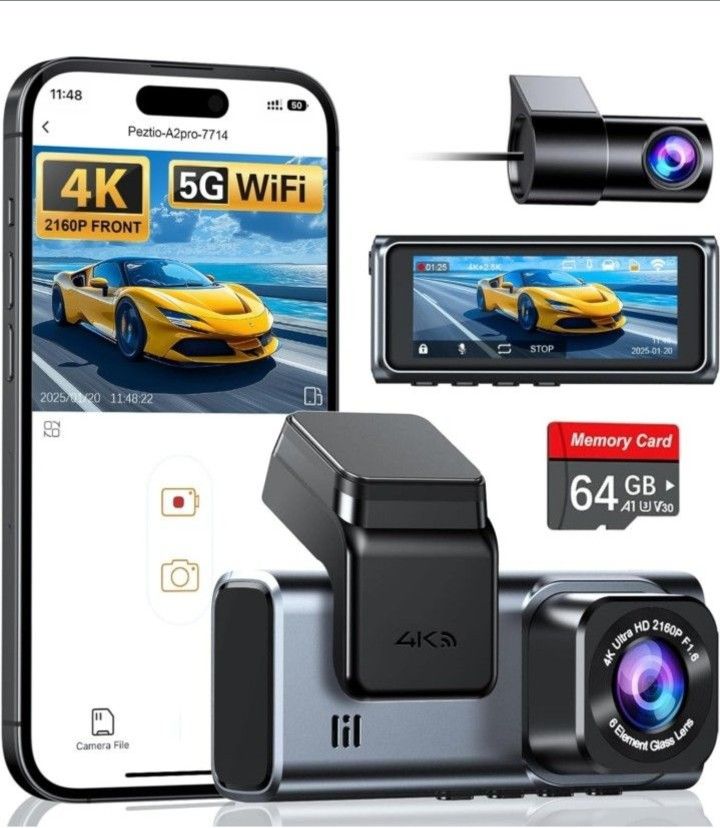 4K+2.5K WiFi Dash Cam Front and Rear, Built-in 5G WiFi, Free 64GB Card